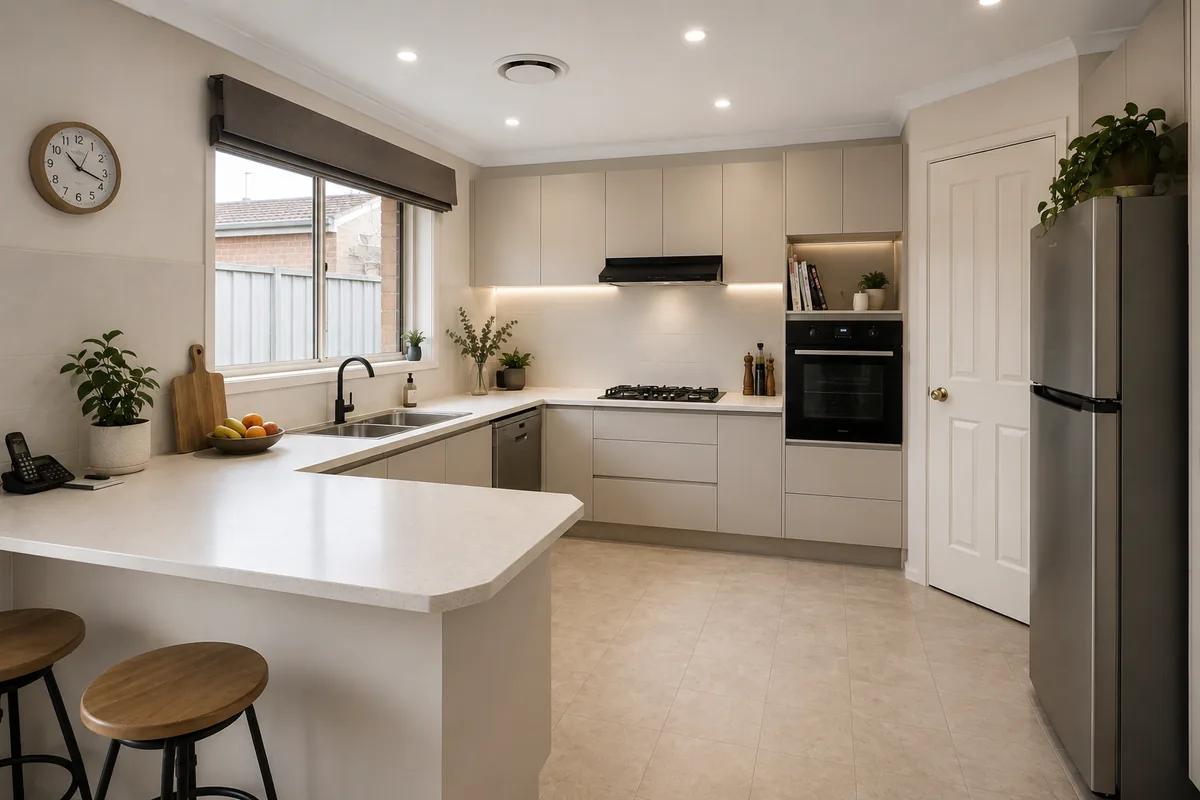 The same kitchen after renovation by Lumo Kitchens: handleless cabinetry, a pale stone-look benchtop, a full-height splashback and under-cabinet lighting.