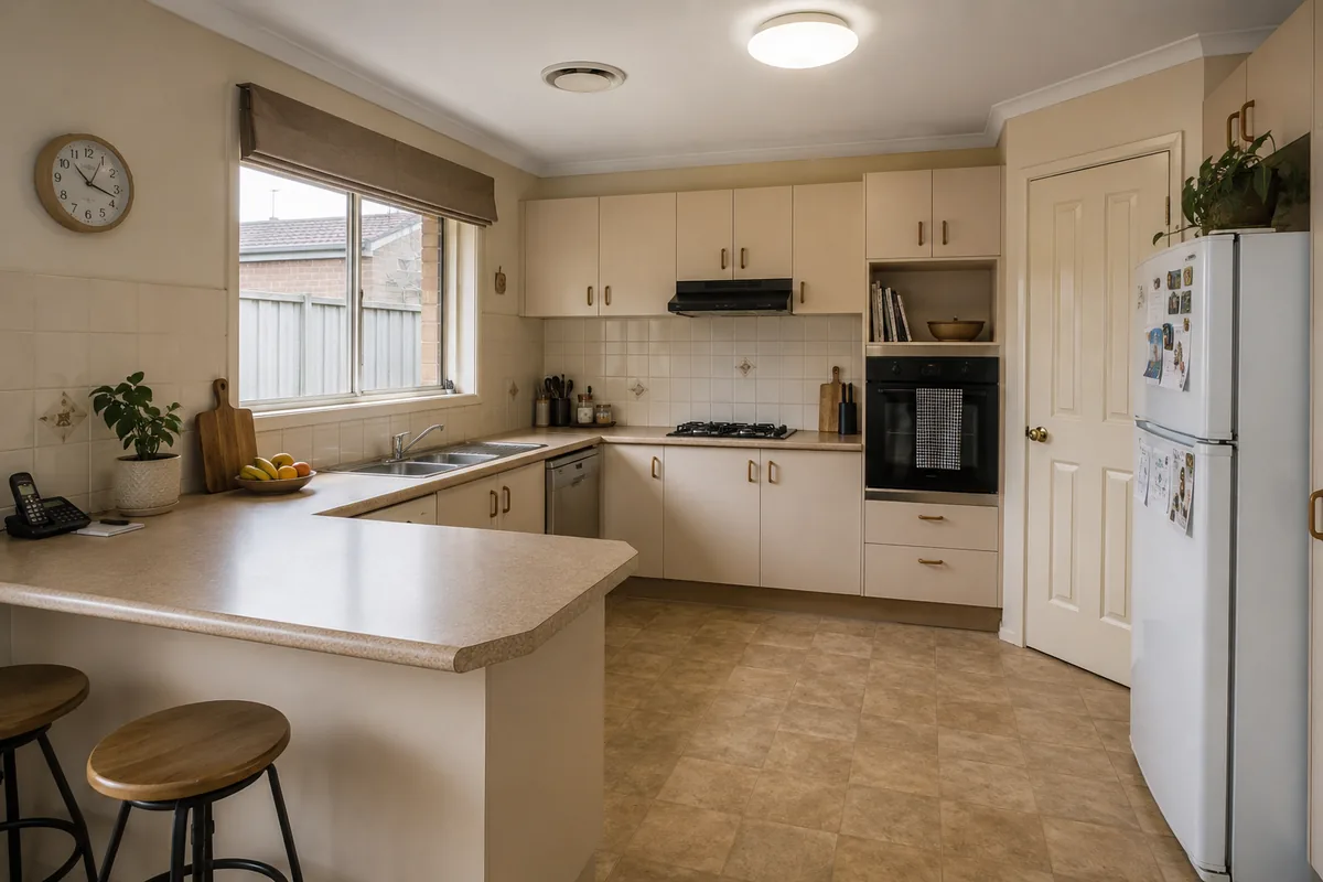 The kitchen before renovation: dated cream laminate cabinetry, a tiled splashback and a beige benchtop.